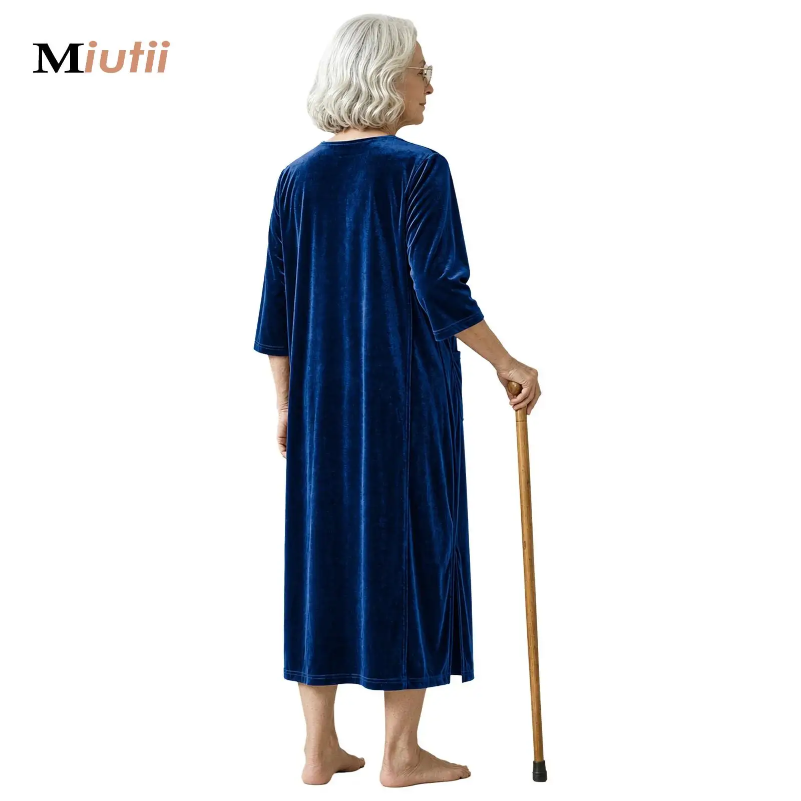 Women Elderly Alzheimer Adaptive Velvet Dress Anti-strip Button-up Collar Side Slit Dementia Disabilities Special Needs Clothing