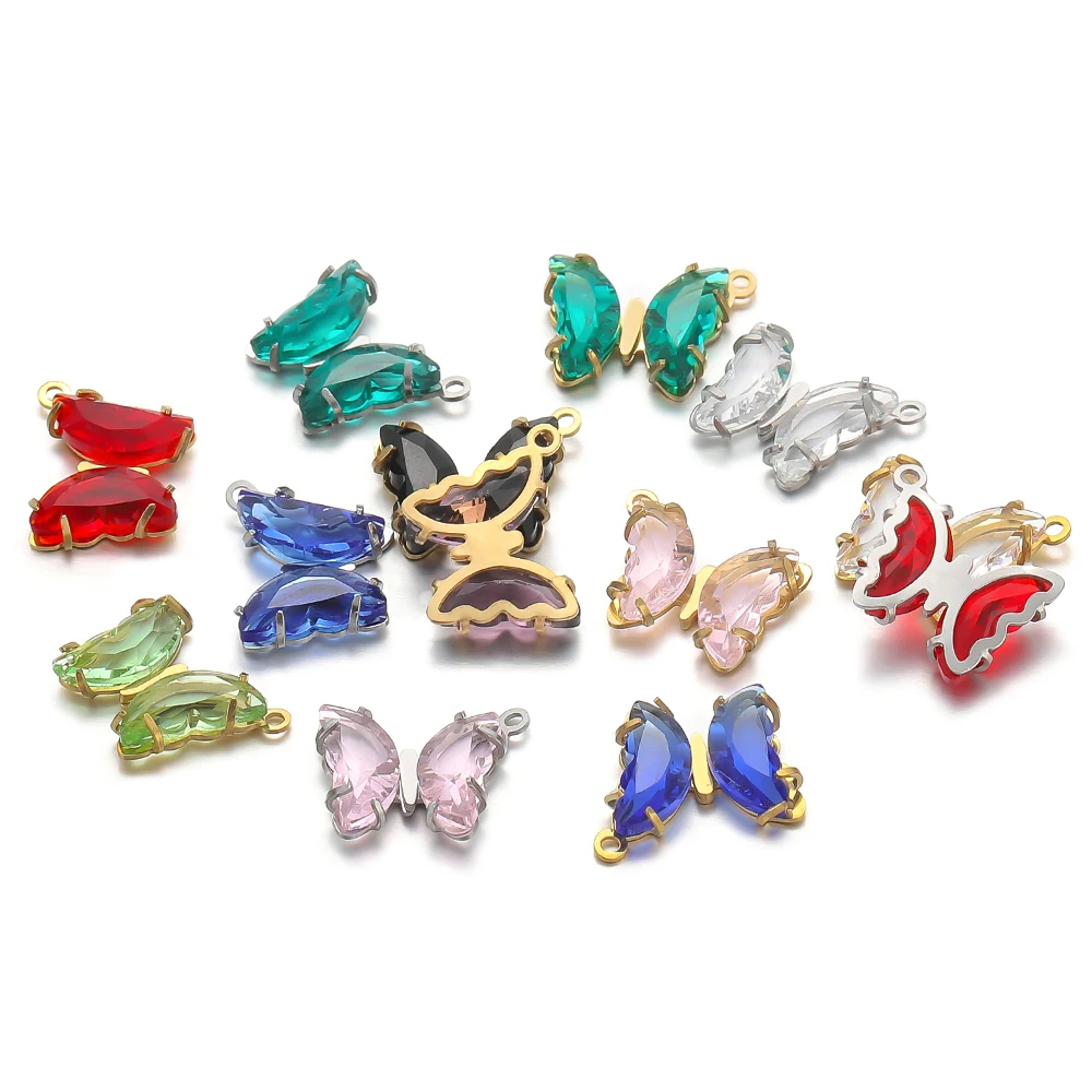 5pcs Stainless Steel Transparent Crystal Glass Butterfly Charms for DIY Jewelry Exquisite Necklace Findings Earrings Making