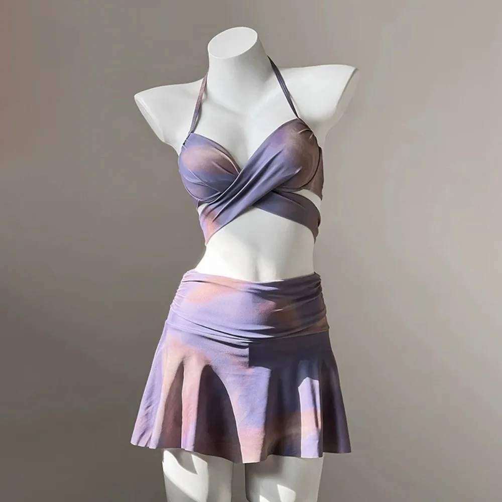 

Повседневный комплект для плавания 3-в-1 с эффектом тай-дай: защита от солнца, пляжная одежда, купальник с длинным рукавом, фиолетовый топ-камизоль, бикини, пляжный костюм