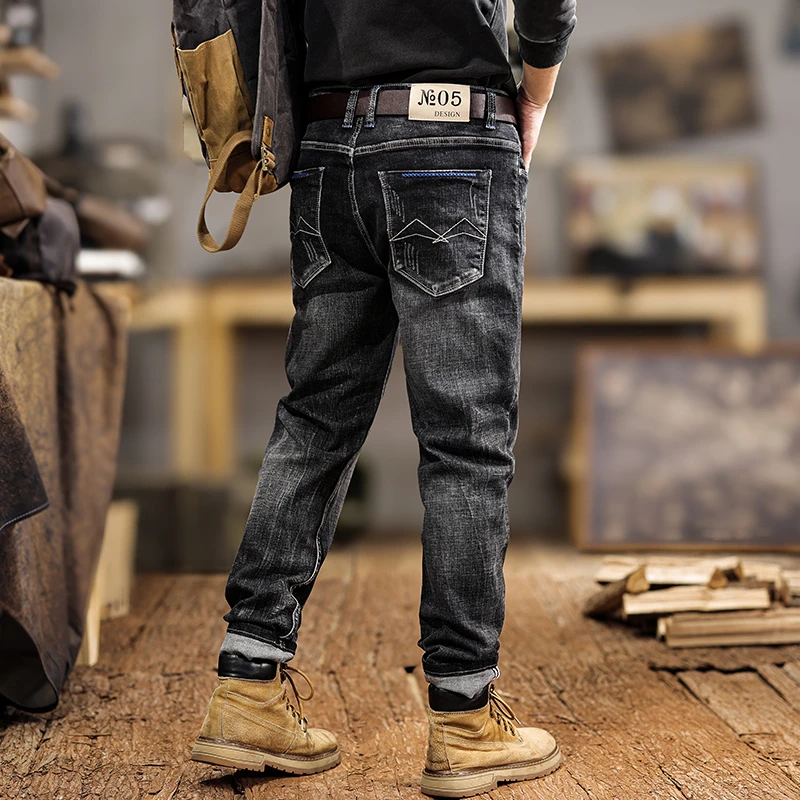 جينز دينم مغسول عصرية لربيع وخريف 2025 للرجال سروال أمريكي عتيق غير رسمي بقصة ضيقة قابل للتمدد