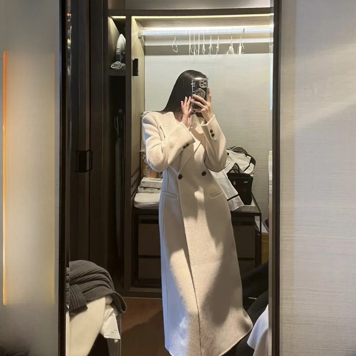 

FBB Limit Long Double-Faced Woolen Coat Women's Camel down Silk Blend Waist-Cinching Outerwear Simple round Ne Single-Button