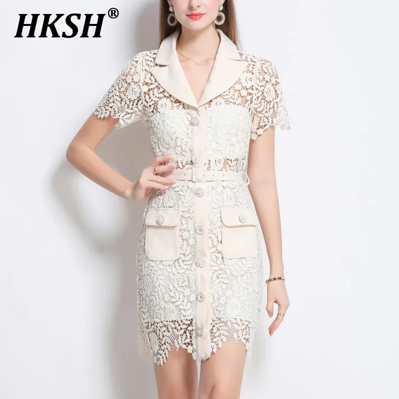 

HKSH Summer New Women's Temperament Trendy High Street Turn-down Collar Short Sleeved Lace Button Waist Belt Pocket Dress HK6357