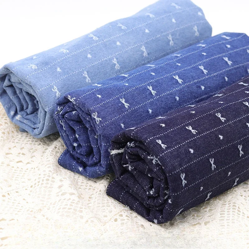 Stripe Embroidery Bow Water Washed Jacquard Denim Fabric Retro Jacket Jeans Bag Diy Sewing Fabric