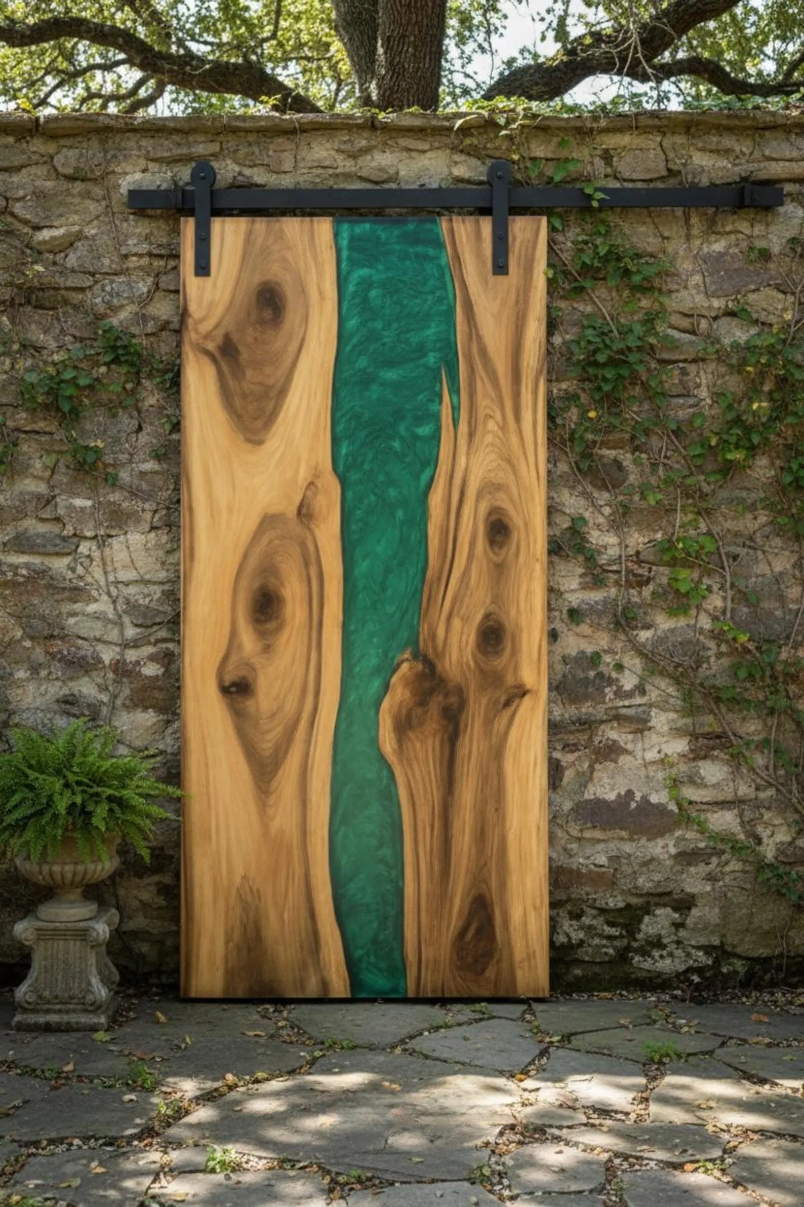 Handmade Solid Wood River Sliding Door with Natural Live Edge Green Epoxy Resin Walnut Barn Door