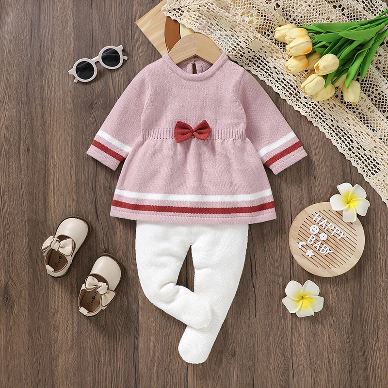 Girl Baby Clothes Sets Knitted Infant Kid Pullover +Pants Pink Fashion Tie Newborn Long Sleeve Sweater +Trousers Autumn Warm 2PC