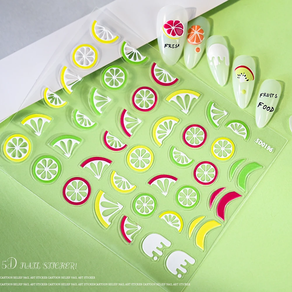 5D Fruit Nail Stickers para Manicure, Fruit Sliders, Limão, Cereja, Kiwi, Frutas, Abacate, Morango, Pessach, Decalques em relevo, Verão, 1pc