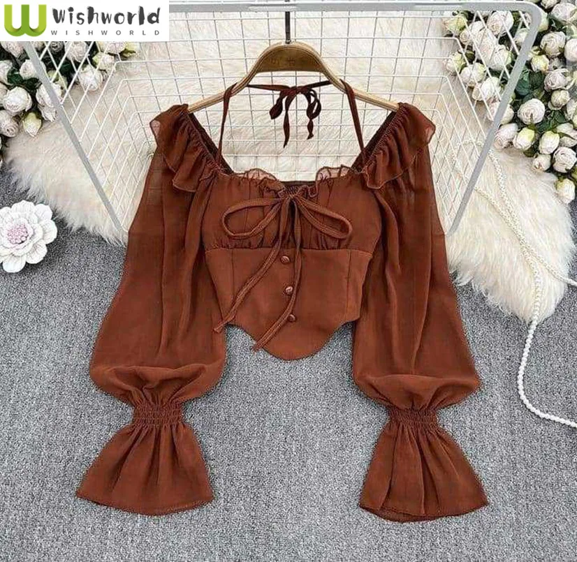 

Pure Desire Style One Shoulder Off Shoulder Hanging Neck Trumpet Sleeve Shirt for Women Stylish Slim Fit Irregular Short Top