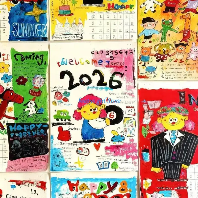 C7AB Easy Hanging Wall Calendar Monthly Hand Drawn Doodles 12-Month Desktop Planner
