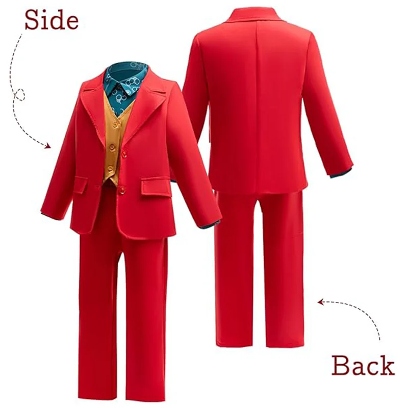 Boys Movie Joker Outfits Formal Red Suit Jacket With T-Shirt Vest Pants Sets For Halloween Christmas Birthday Party Dress Up