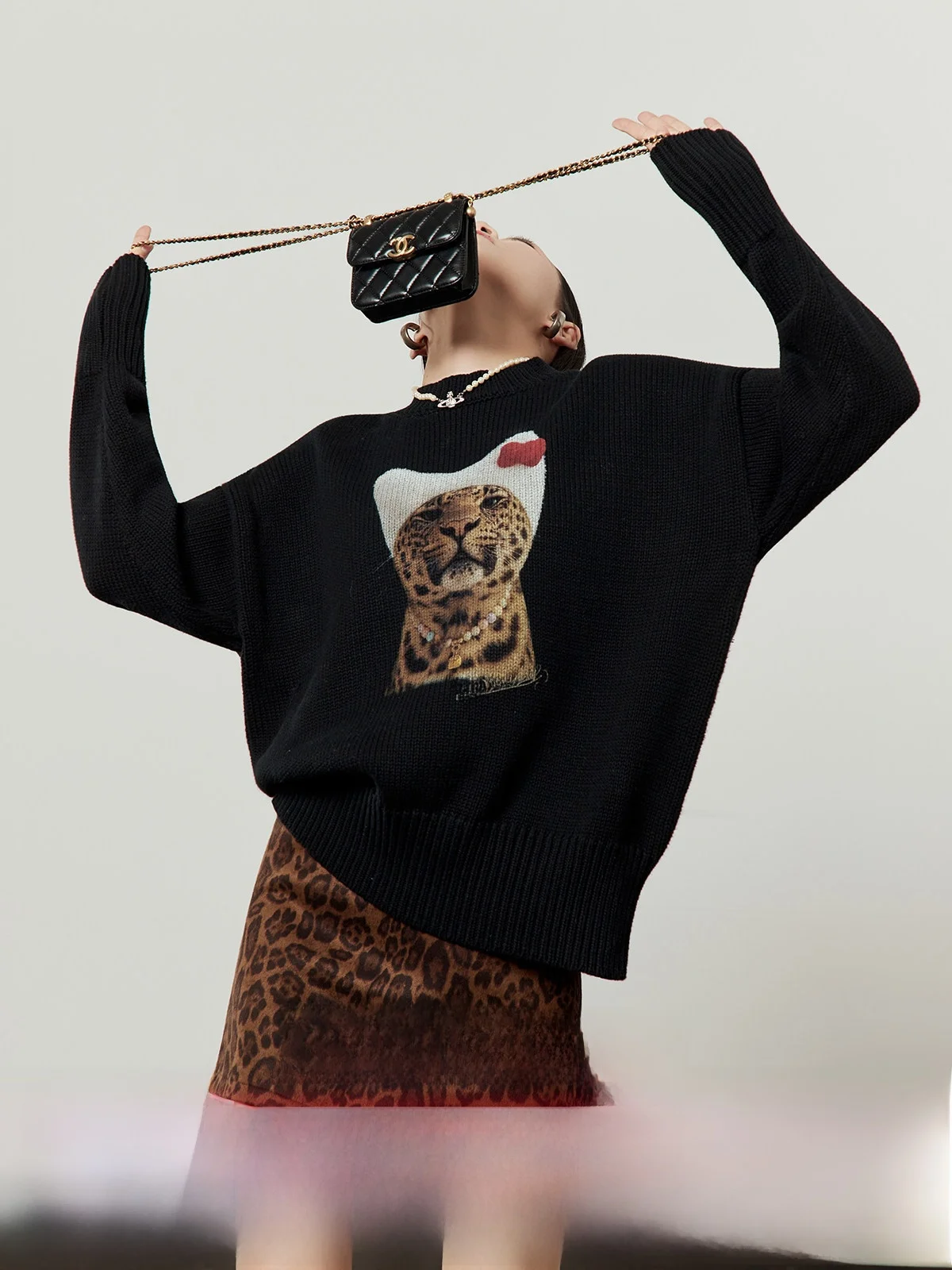 

Katie Leopard Bla Knitted Sweater Women's Winter New Sle Ripped Retro Top Casual Loose Fit Long Sve Leopard Pattern