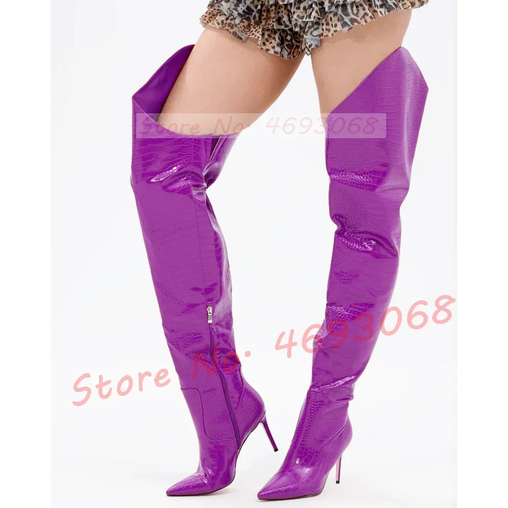 Wide Fit Crocodile Thigh High Slanted Boots Women Sexy Pointy Toe Slim Stiletto Shoes Ladies Trendy Shiny Leather Long Boots