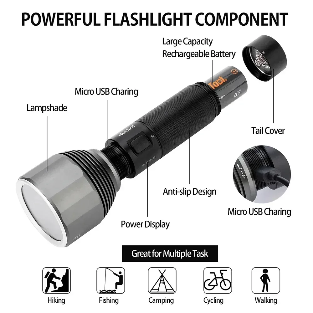 Imagem -04 - Nextool-lanterna Led Recarregável Luz Forte Tocha Lâmpada para Acampamento ao ar Livre Ipx7 Impermeável Modos 5000mah 2000lm 380m