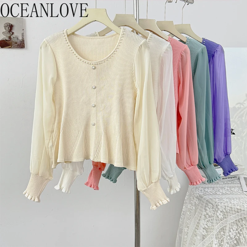 

OCEANLOVE Lantern Sleeve Women Sweaters Solid Beading Elegant Sweet Short Pullovers Autumn Winter Korean Fashion Pull Femme