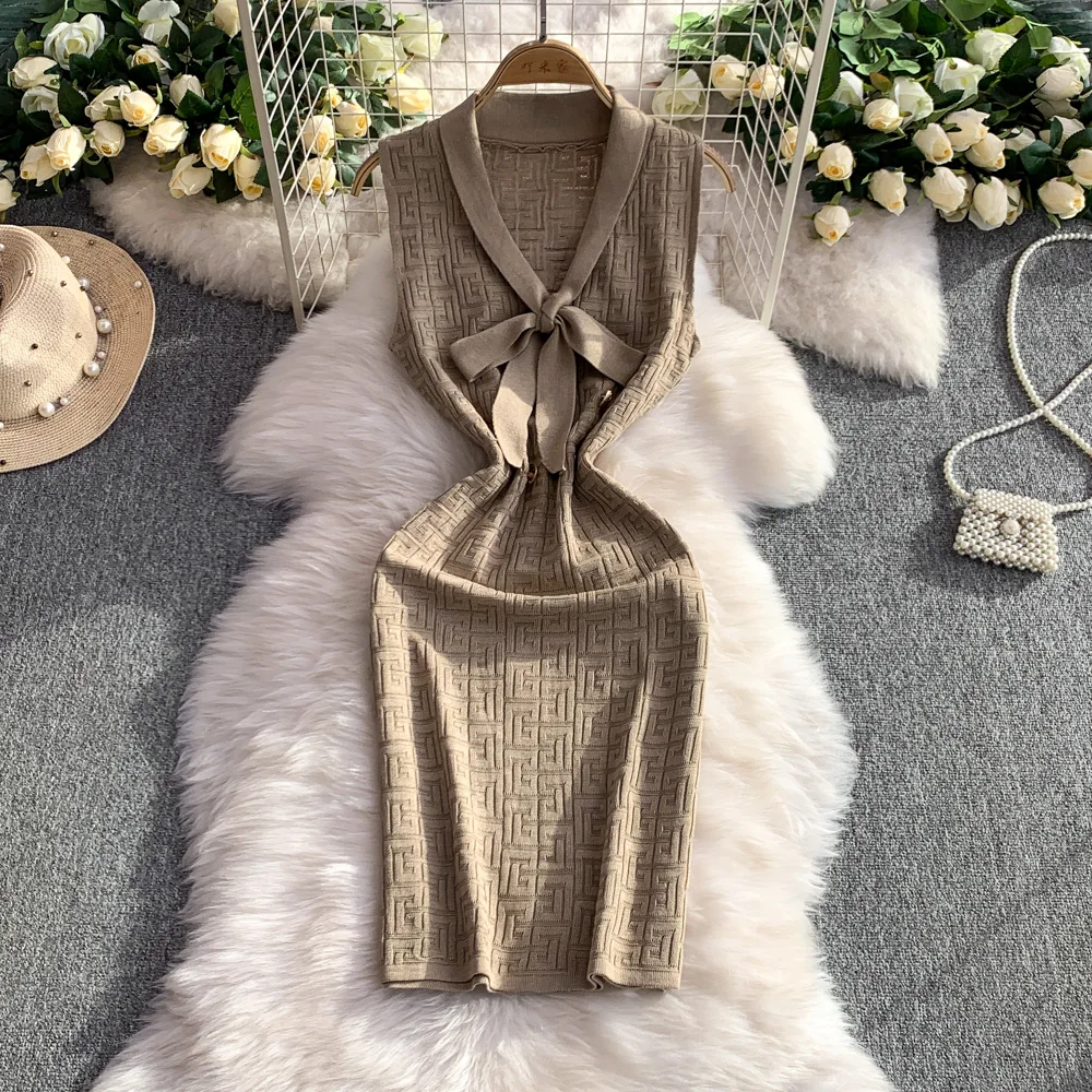 

Chic Elastic Knit butterfly button Bodycon Dress Women Vestidos korean fashion dress Slim Wrap dress