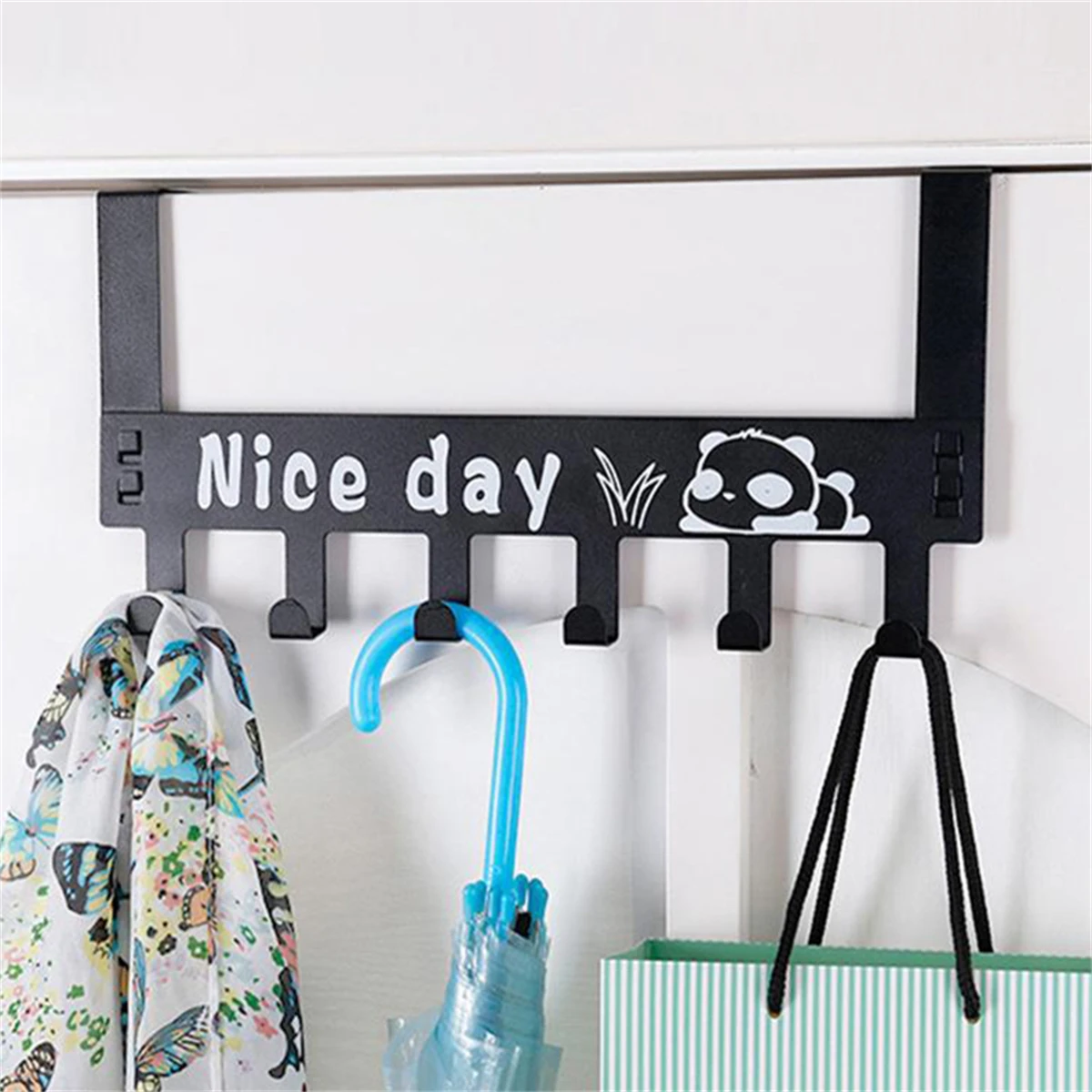 Thickness 1mm Door Back 6-Link Hook Door Hanging Rack Nail-Free Clothes Bags Umbrella Key Multi-Functional Panda Image Hook 1Pc