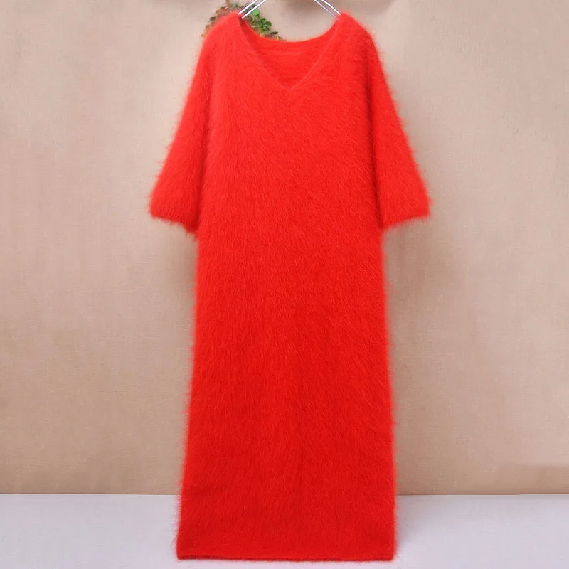 Ladies Women Fashion Red Hairy Angora Rabbit Hair Short Sleeves V-Neck Fall Winter Long Sweater Jumper Dress Mink Fur Pull Tops