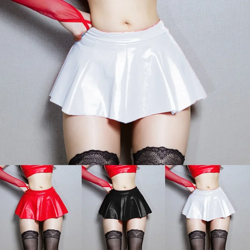 Women Lingerie Sexy PU Leather Pleated Skirt High Waist Short Skirt Clubwear Streetwear Party Club Open Butt Miniskirt