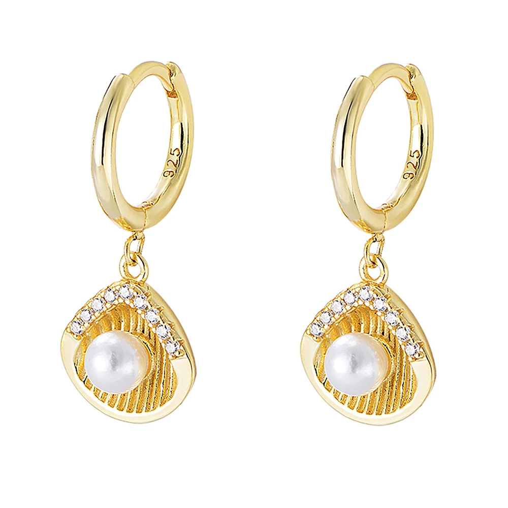 S925 Sterling Silver Shell-Designed Pearl Earrings High-End Fashion Ins Trendy Diamond-Embedded Dangle Earrings for Women
