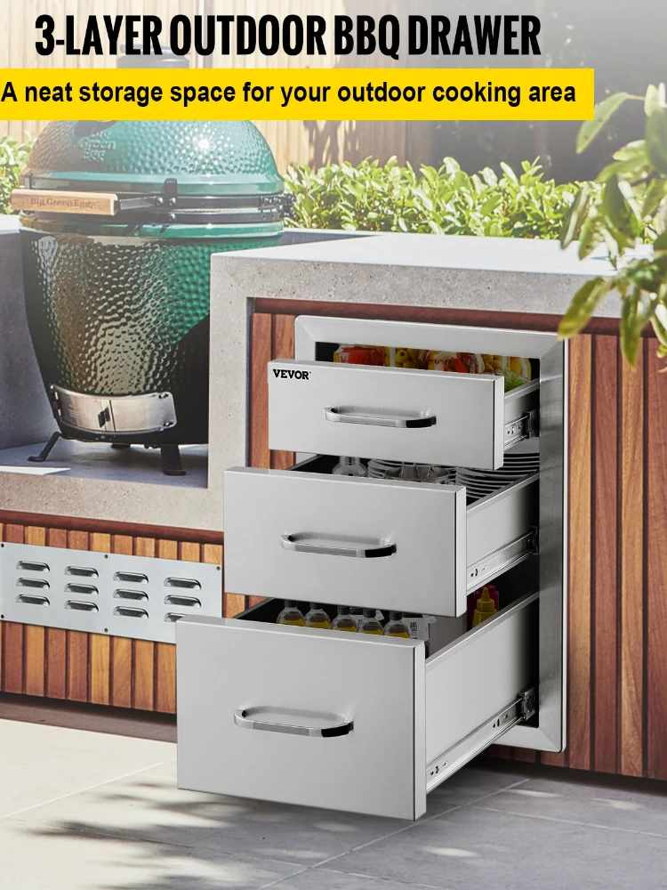 Stainless Steel Outdoor Kitchen Drawer With Handle Triple Layer for BBQ Island Grilling Cabinet Storing Cookware Tableware