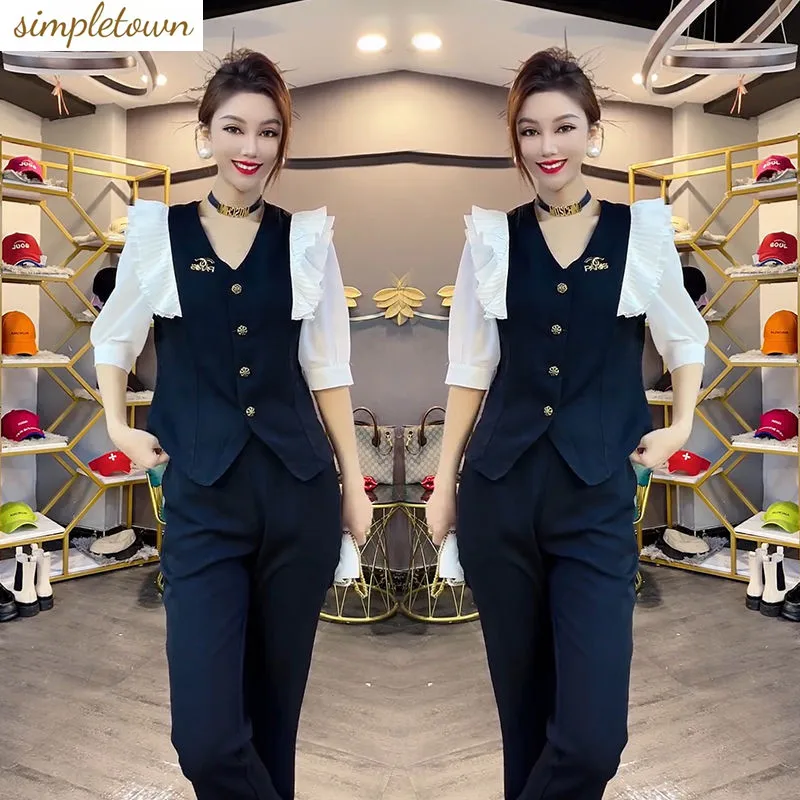 Korean Personalized Royal Sister Style Two Piece Set Fashion V-neck Panel Wooden Ear Edge Middle Sleeve Slim Top Casual Pants