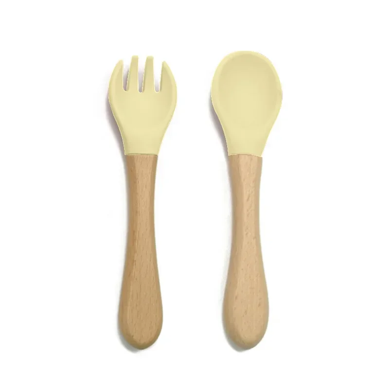 2 PCS Food Grade Silicone Cutlery Baby Feeding Training Spoon Fork Set with Wooden Handle Organic BPA Free Food Grade