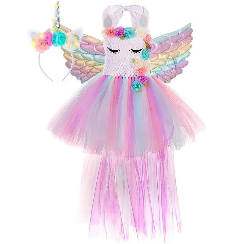 

Pastel Flowers Unicorn Costumes for Girls Birthday Long Trailing Tutu Dress for Kids Christmas Halloween Outfit with Horns Wings