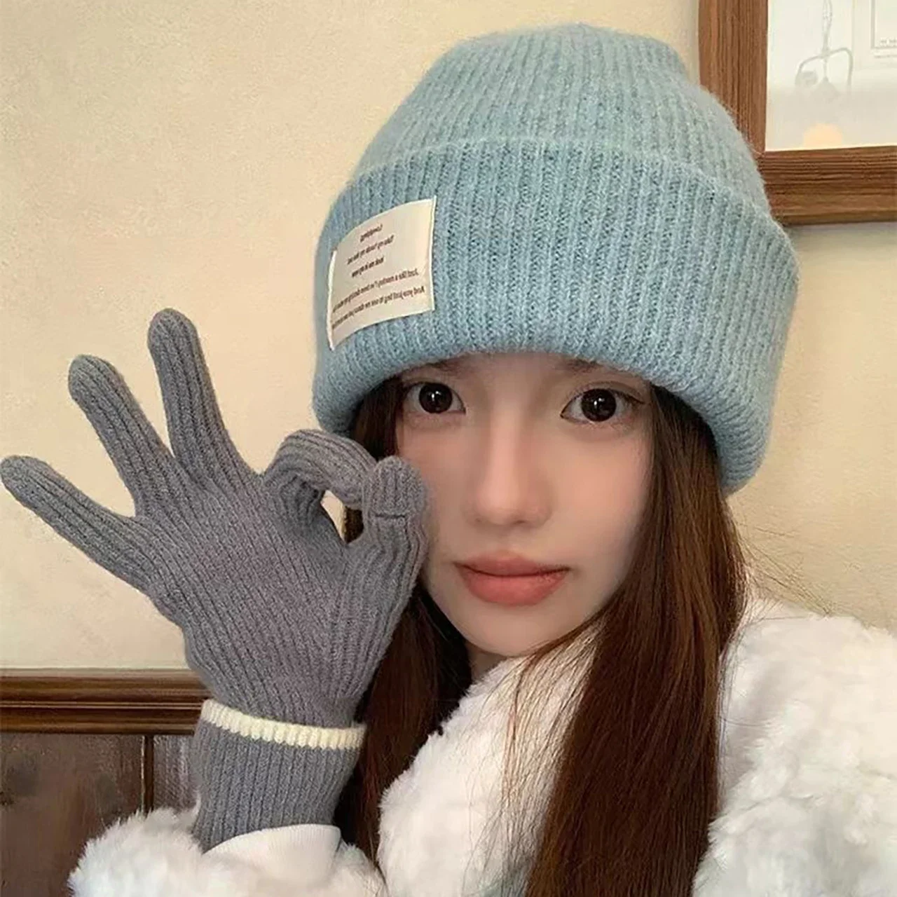 Winter Woolen Knitted Hat For Women Thick Warm Letter Label Beanie Anti-cold Solid Color Ear Protection Female Pullover Cap