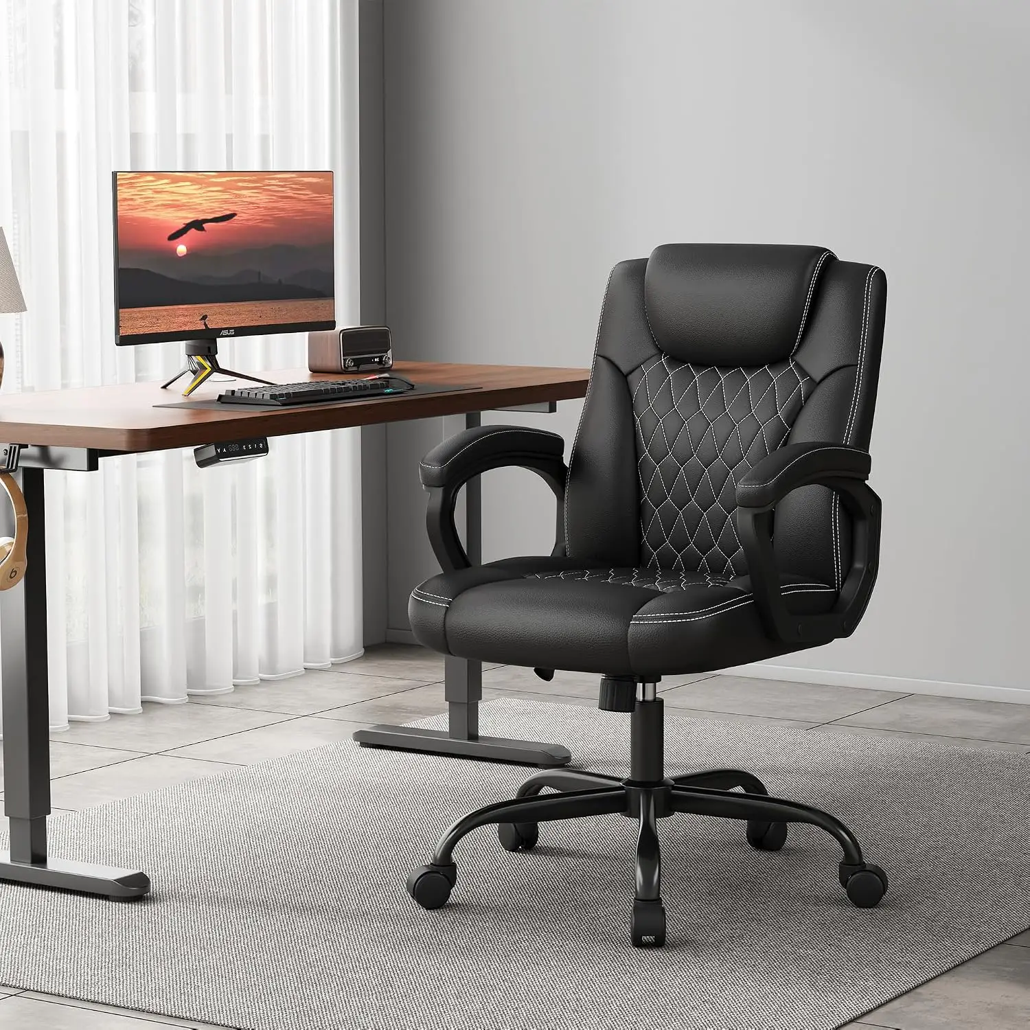 Office Chair, Executive Desk Chair, PU Leather Comfortable Executive Chairs with Fixed Armrest, Adjustable Height, Rocking Funct