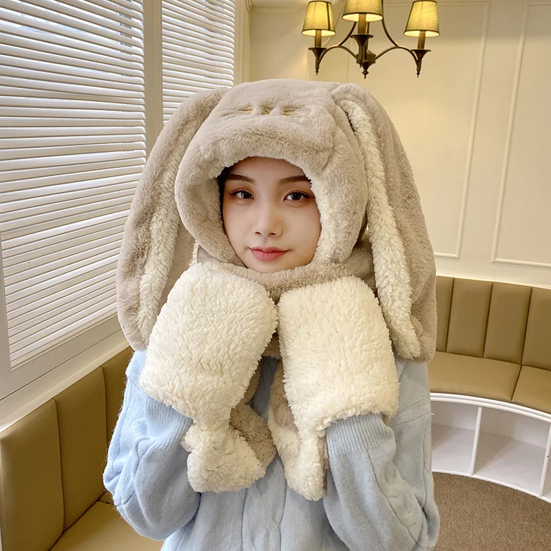 

Cure Long Ear Bunny Scarf Hat Glove 3 Piece Women Winter Warm Hat Soft Thicken Pocket Hats Hooded Cap