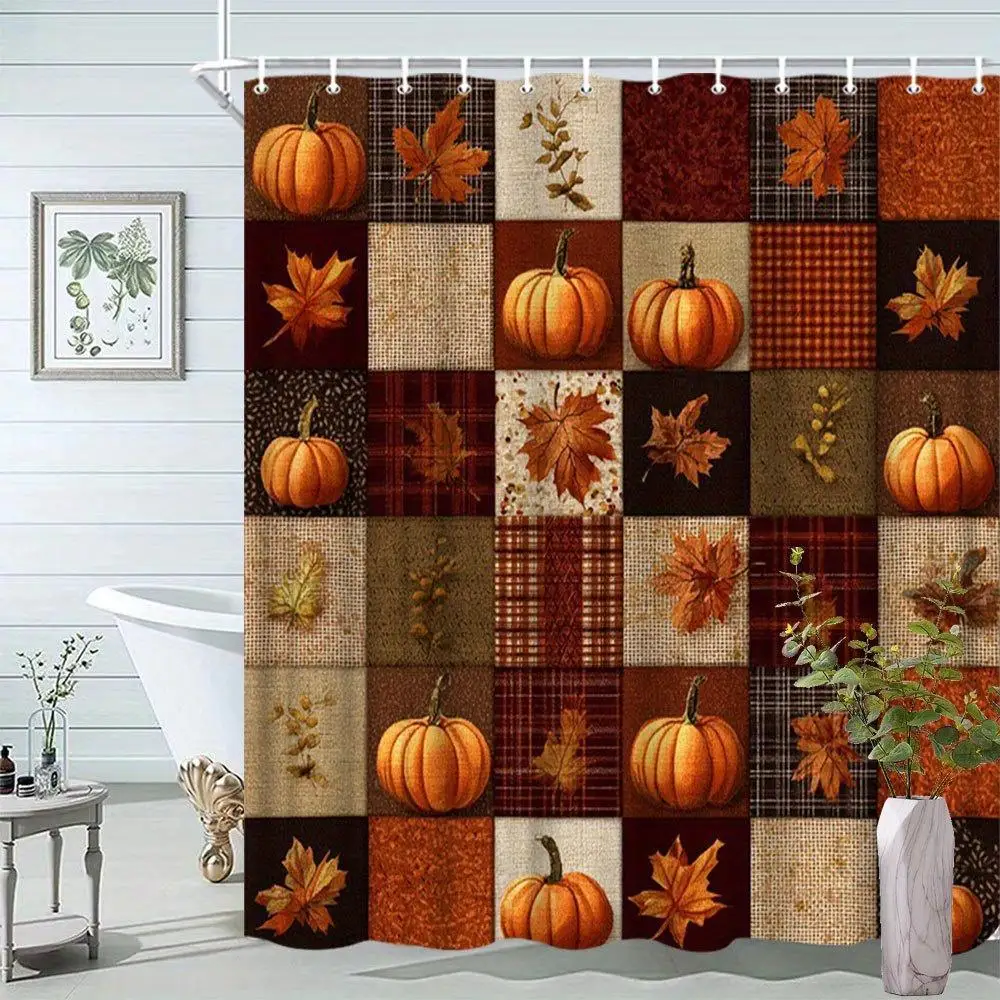 New in 2026 1pc a Vintage Fall Pumpkin Patch Shower Curtain - Warm Brown, Orange, And Beige in a Rustic Farmhouse Bathroom Decoration - Featuring Plaid And Floral Autumn Designs, Measuring 70.8X70.8 Inches - Made of Polyester Fabric, Includes 12 Hooks