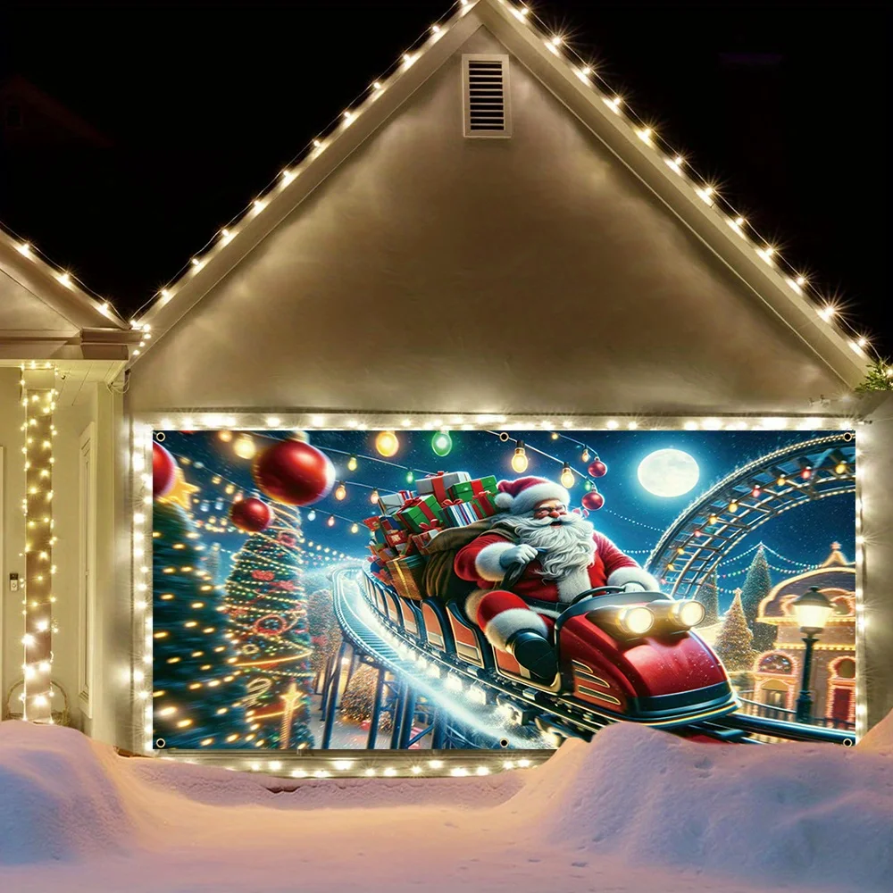 لوحة باب ثنائية الأبعاد قطعة واحدة من لوحة باب جراج عيد الميلاد من البوليستر الاحتفالي - سانتا كلوز على تصميم دائري، ديكور احتفالي