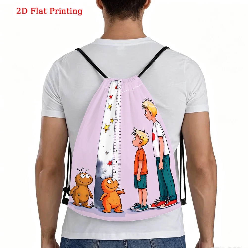 Cartoon Drawstring Backpack with Kids Height Chart, Monsters and Ruler Print, Gym Sports Outdoor Travel Bag