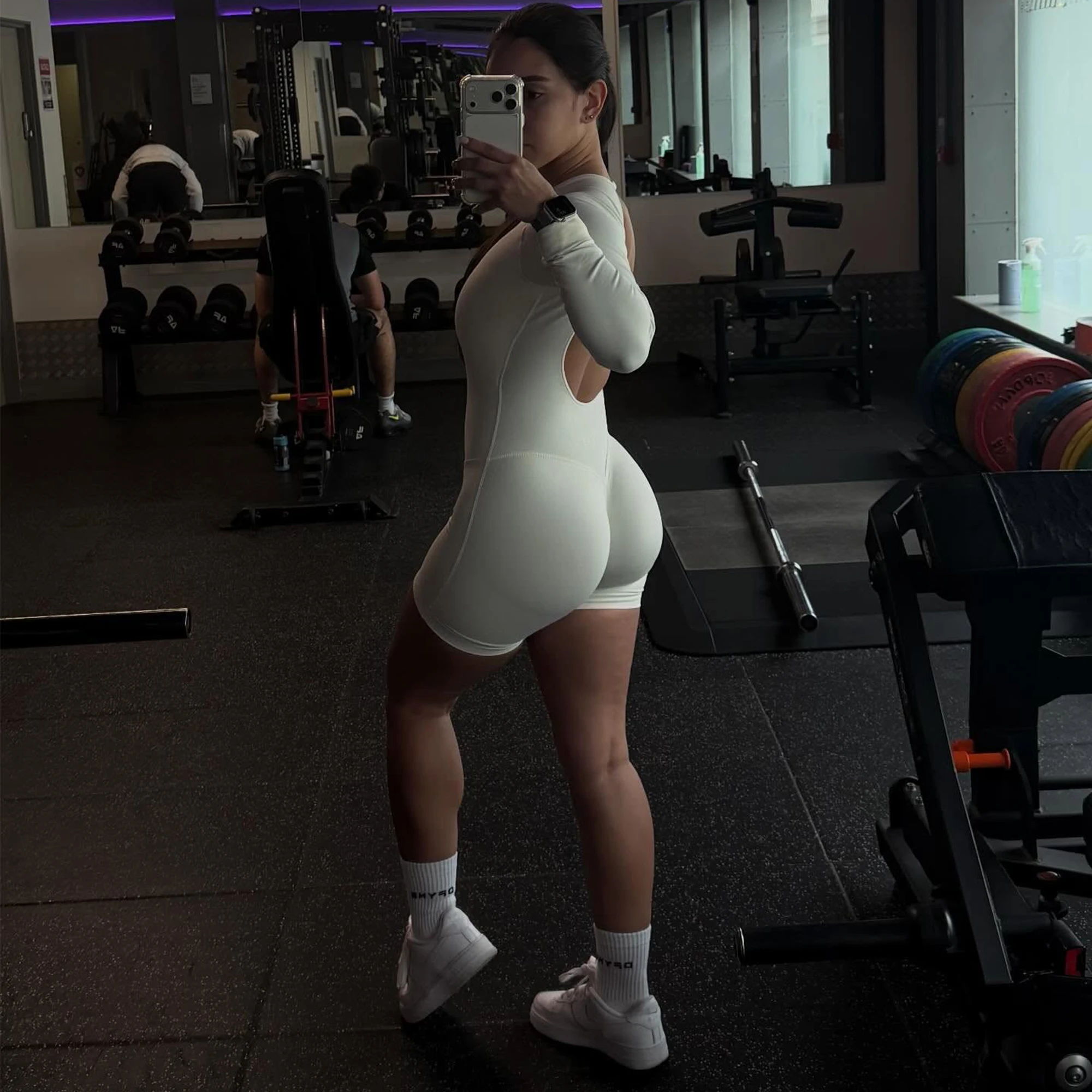 Women Long Sleeve One Piece Short Jumpsuit Seamless Backless Yoga Romper Gym Fitness Butt Workout Bodysuit Sportswear Playsuit