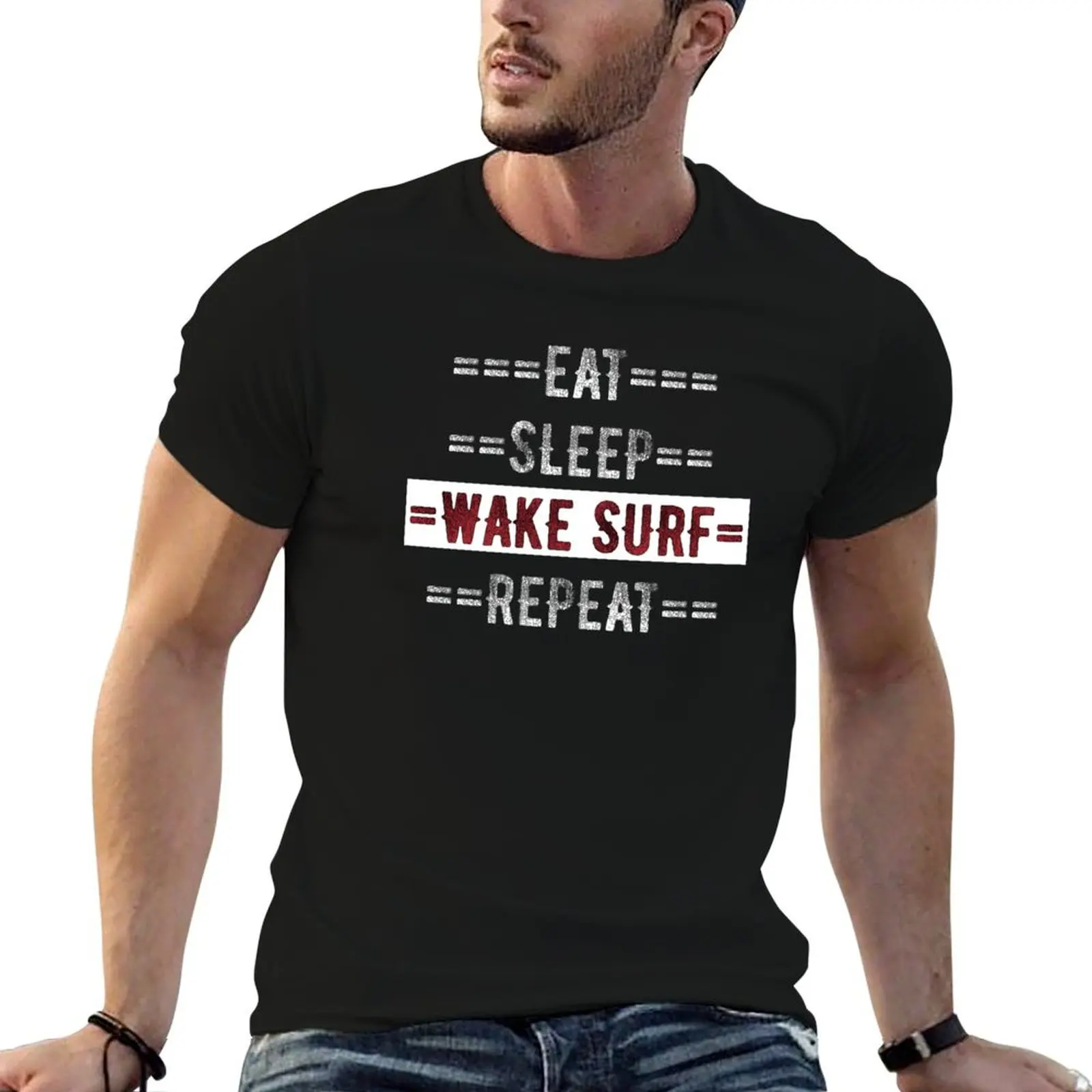 Presente para surfistas: camiseta essencial para homens com estampa “Eat Sleep Wake Surf Repeat” – Camiseta de designer