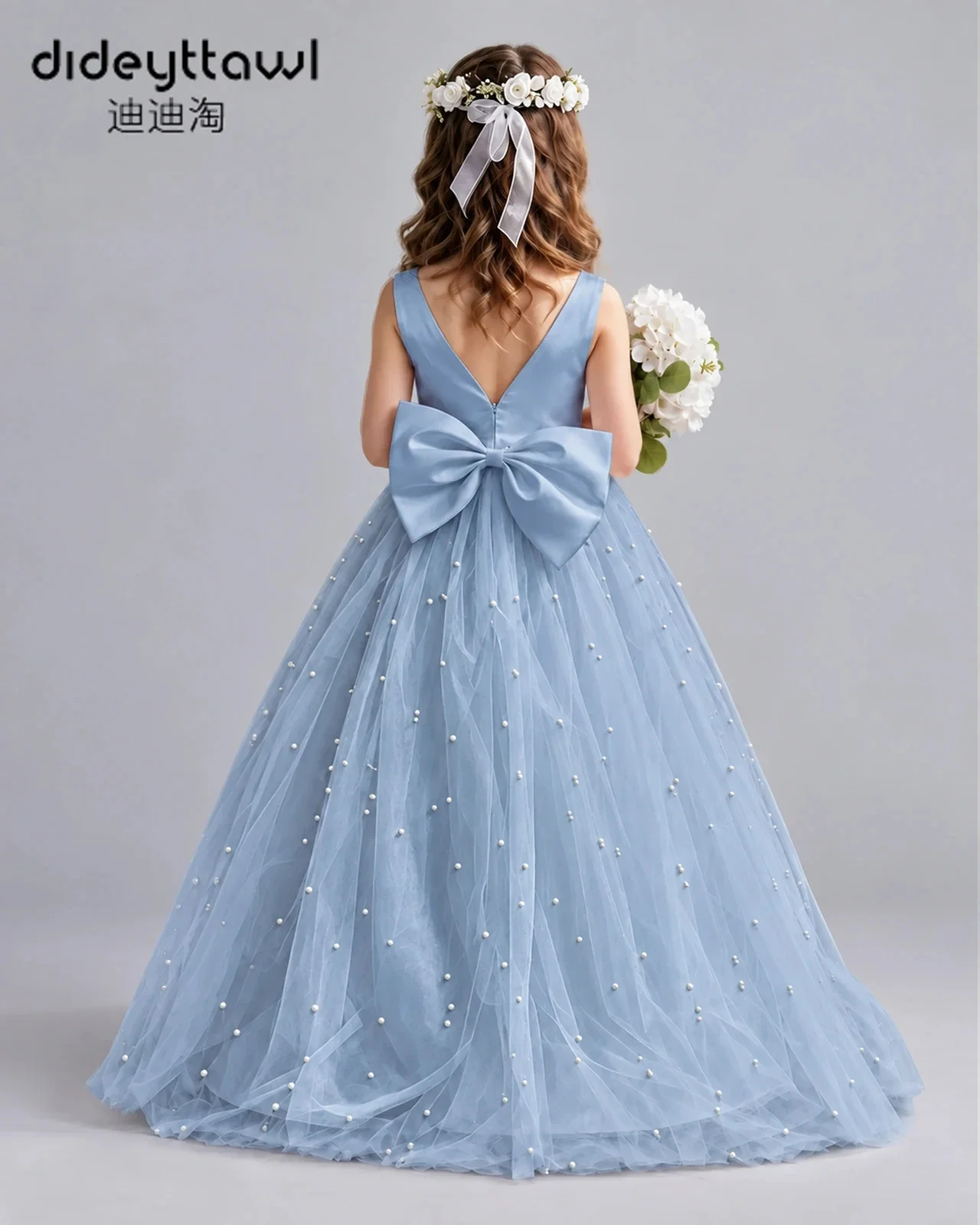 Dideyttawl Kids Flower Girl Dress V Neck Sleeveless Pearls Tulle Puffy Gown Big Bow Back Princess Pageant Dress For Bridesmaid