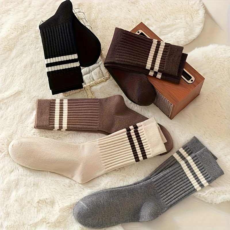 3 Paar Four Seasons Damen-Socken mit vertikaler Stange, verdickt, Retro, schlicht, modisch, gestreift, vielseitig, weich und bequem, warm, lange Socken – Detail 6