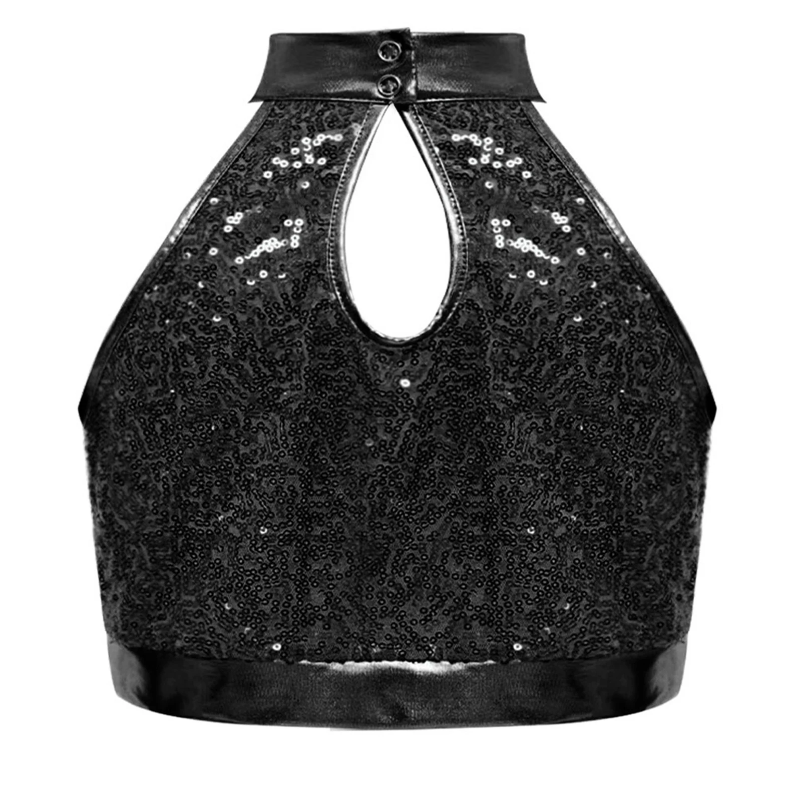 Kids Girls Jazz Latin Dance Crop Top Sleeveless Mock Neck Glitter Sequins Mesh Patchwork Keyhole Back Tank Tops for Performance