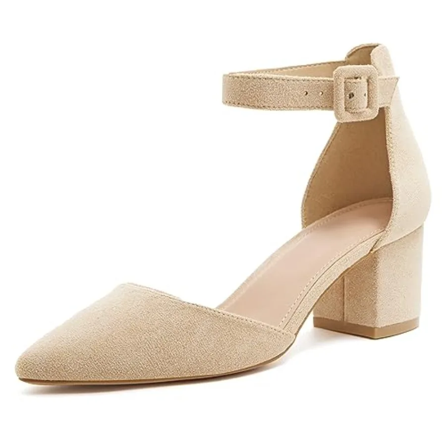 

LAICIGO Women's Pointed Toe Pumps Ankle Strap Buckle Chunky Block Heel Dress D'Orsay Shoes