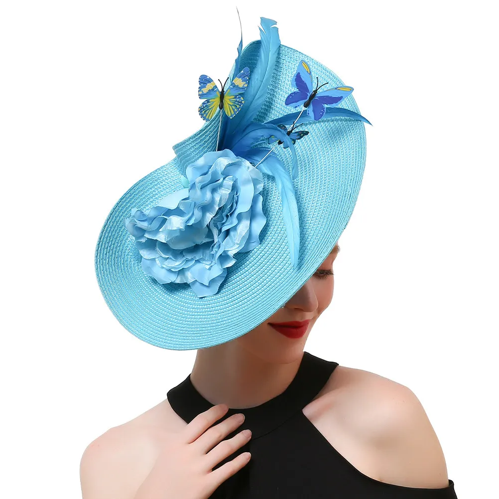 

Women Straw Hat Fascinators H made Large Brim Headwear Yellow Butterfly Tea Party Wedding Bridal Hair Accessories Headdress