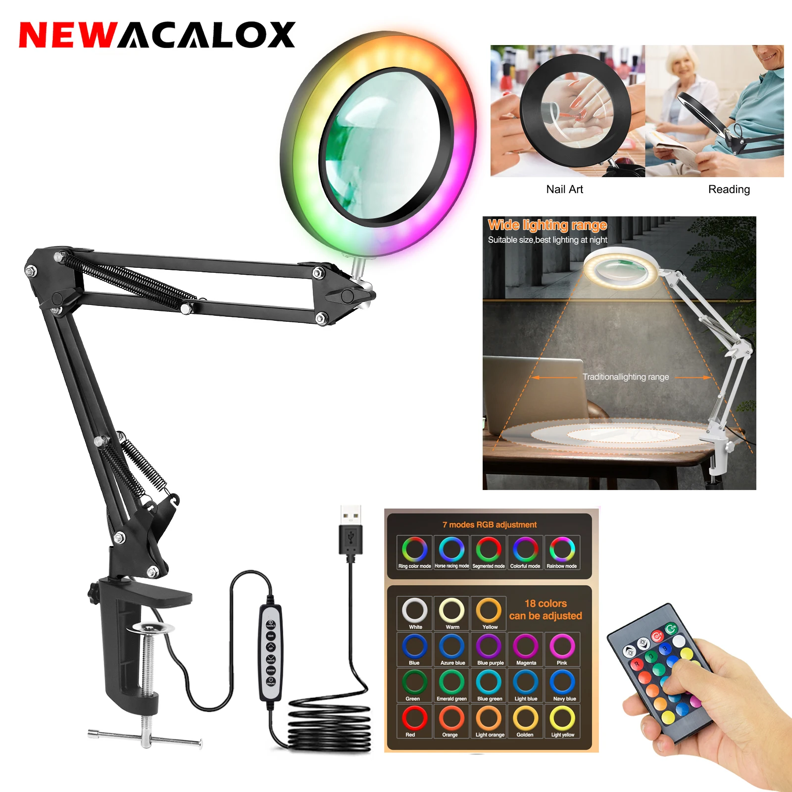 Magnifying Glass with Light 18 Color Modes Stepless Dimmable LED Lighted Magnifier with Remote Control for Craft Repair