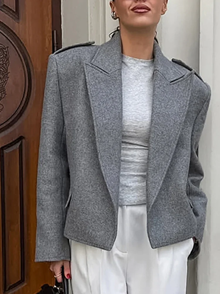 ソリッドウール混紡ラペルカラーブレザー レディース ドロップショルダー オーバーサイズ 2025 秋 シック ショートコート ファッション エレガント オフィスレディージャケット