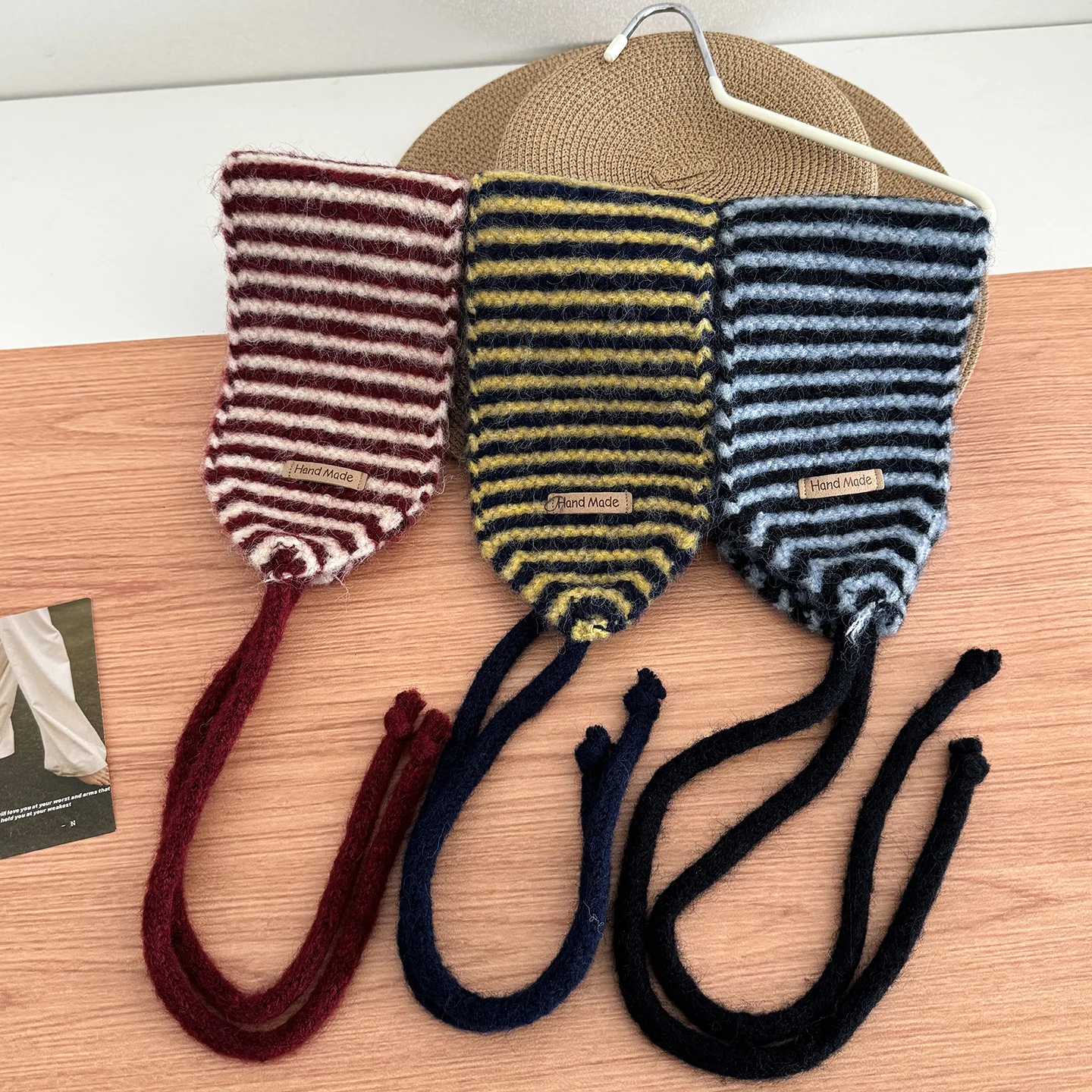 Women Striped Knit Ear Warmer Headband With Tie Strap Vintage Knitted Earmuffs Head Wrap Soft Warm Autumn Winter Hair Accessory
