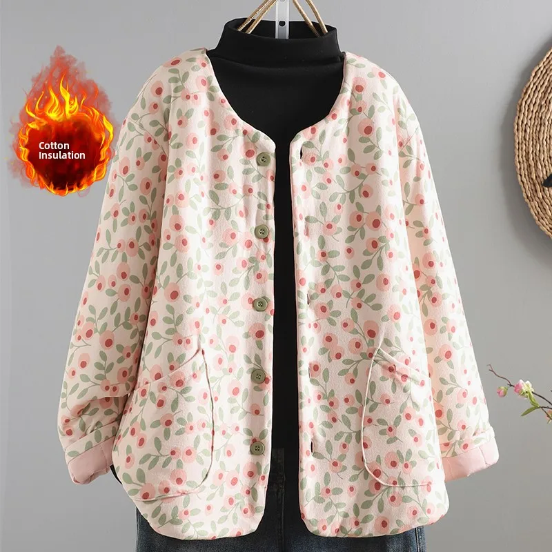 

Зимнее антивозрастное хлопковое джето с цветочным принтом, круглое повседневное женское пальто большого размера, надежное внутреннее пальто