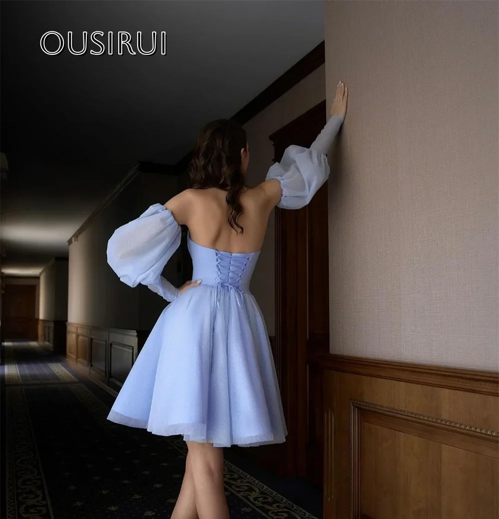 Glanzende sprankelende korte strapless a-lijn cocktailjurken met veters en afneembare pofmouwen Op maat gemaakte vestidos de festa