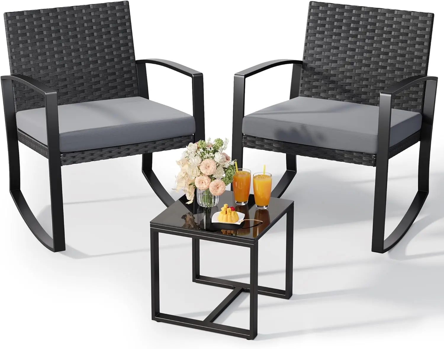 

3-Piece Patio Rocking Bistro Set with Coffee Table, Grey Cushion, Outdoor Rattan for Garden Balcony Poolside