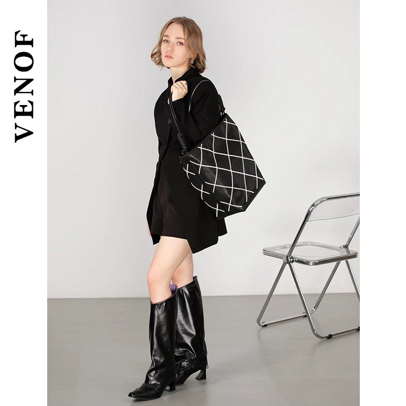 VENOF Cowhide Single Shoulder Bucket Bag 100% Soft Cowhide Large Capacity Women\'s Shopping Bag Female Tote Bag Ladies Bag Brand
