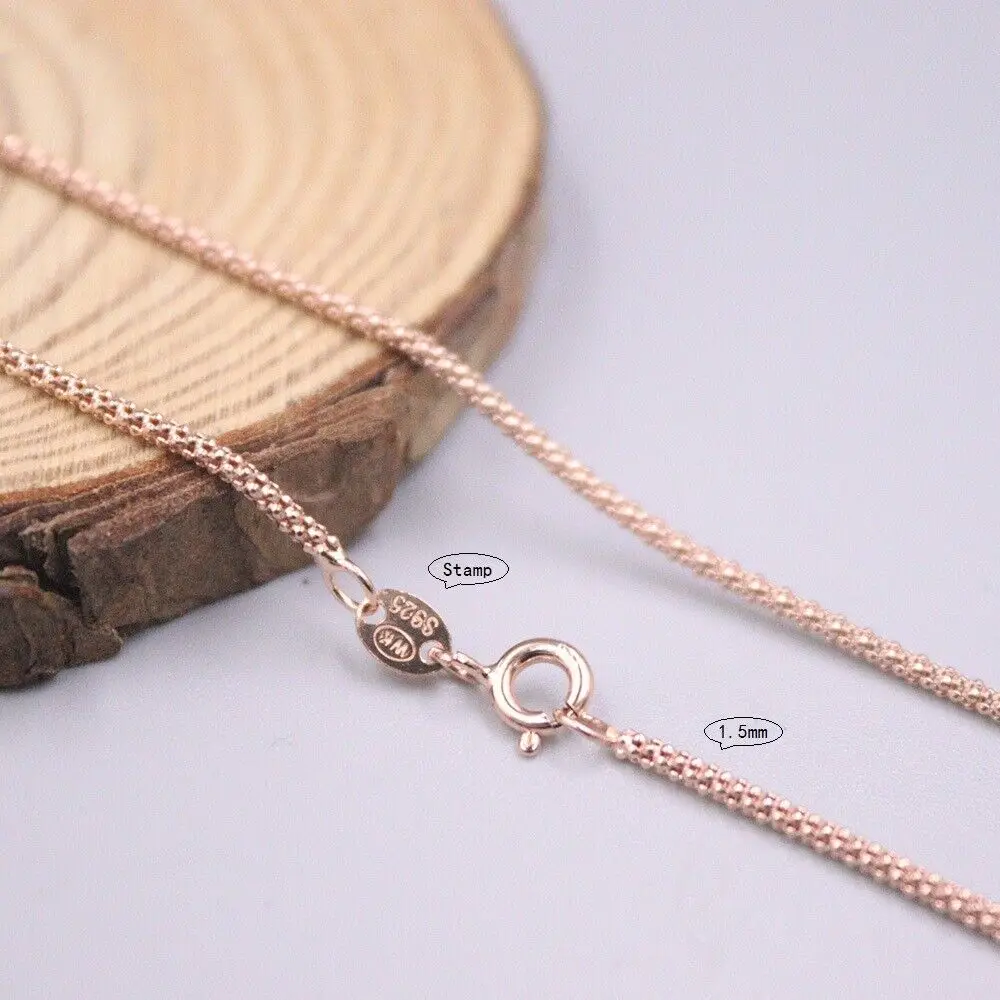 Real Rose Gold Cover 925 Silver Necklace 1.5mm Popcorn Link Chain 17.7