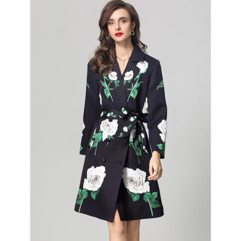 

[Vibe] 2025 Autumn Winter Trench Coat Women Runway Fashion Double-breasted Belt White Rose Print Elegant Party Holiday Female