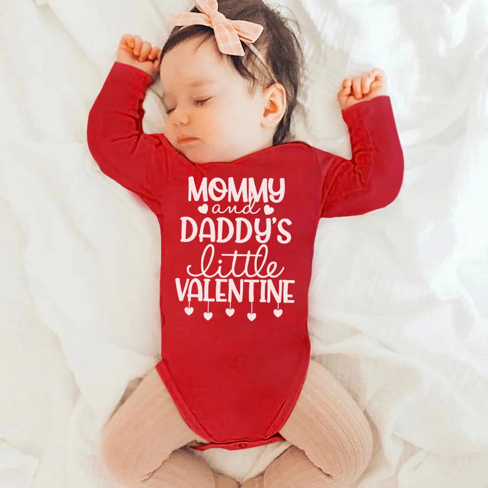 

Mommy and Daddy's Little Valentine Printed Baby Romper Valentine's Day Newborn Outfits Jumpsuit Boys Girls Red Cotton Bodysuit