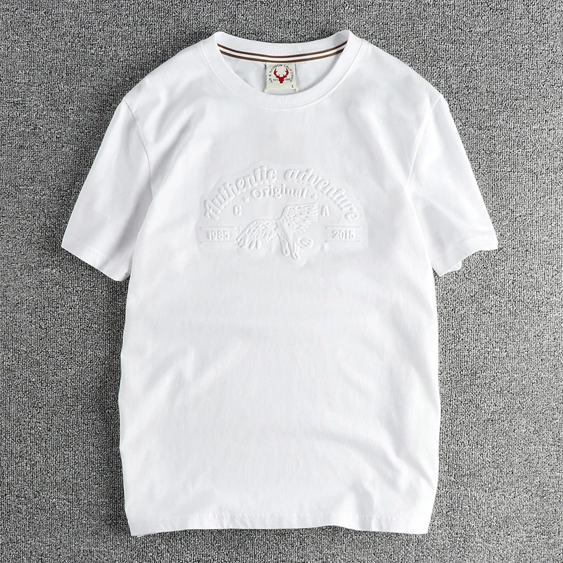 2024 Summer New American Retro Short Sleeve O-neck 3D Letter Eagle Printed T-shirt Men\'s Simple 100% Cotton Washed Casual Tops